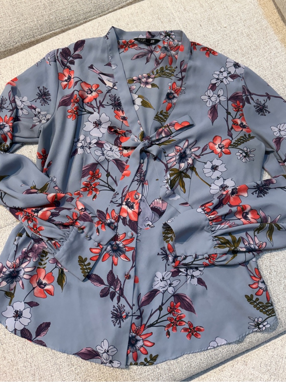 Express Light Blue Floral Tie-Neck Blouse with Coral Accents